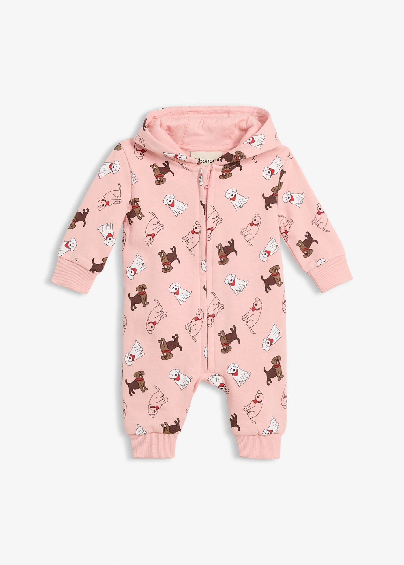 Sweat jumpsuit met capuchon van puur biologisch katoen • zoet roze met print • bonprix online shop