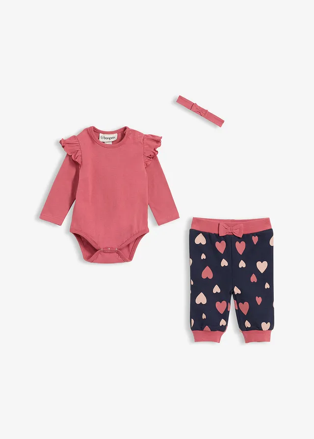 Set bestaande uit een romper, broek en hoofdband (3-dlg. set), Kleur: antiek bessen+donkerblauw+parelroze met print