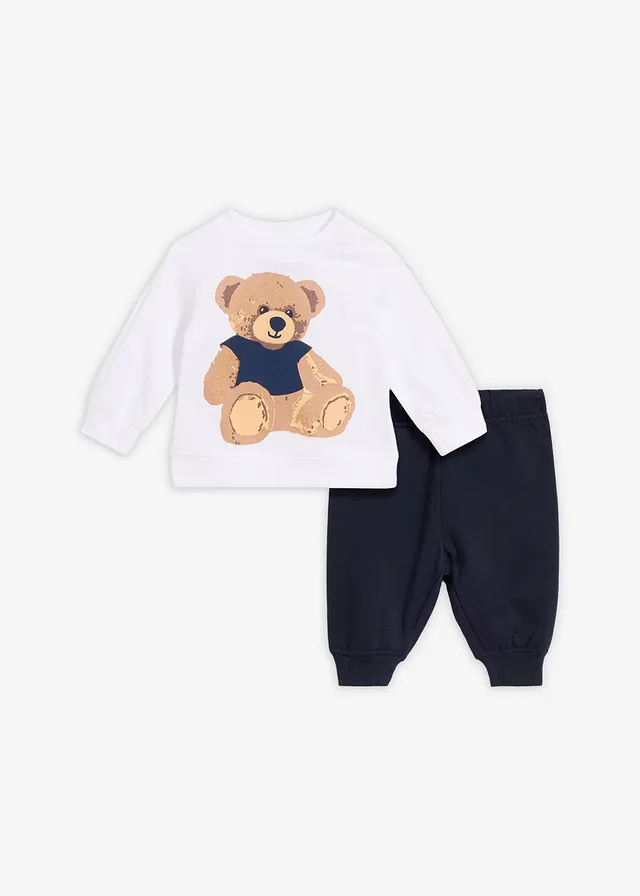 Teddybeershirt en broek van biologisch katoen (2-dlg. set), Kleur: donkerblauw-wolwit met print