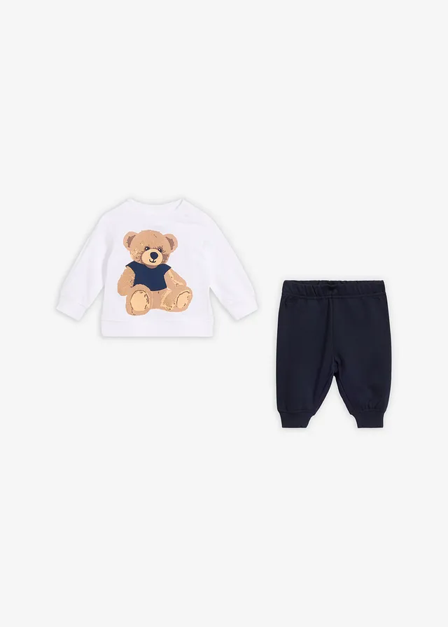 Teddybeershirt en broek van biologisch katoen (2-dlg. set), Kleur: donkerblauw-wolwit met print