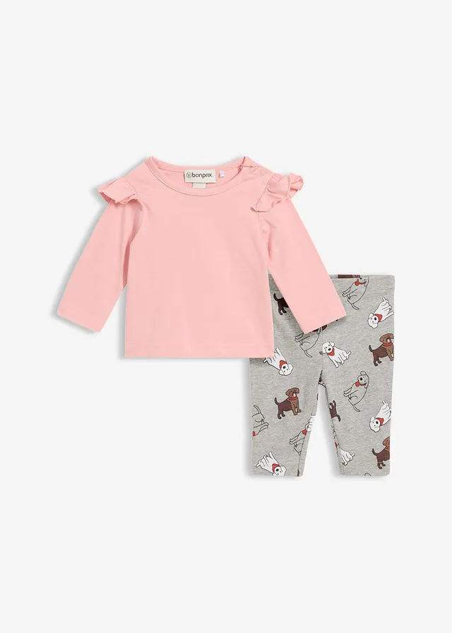 T-shirt manches longues et legging (ens. 2 pces), Couleur: rose bonbon-gris clair chiné imprimé