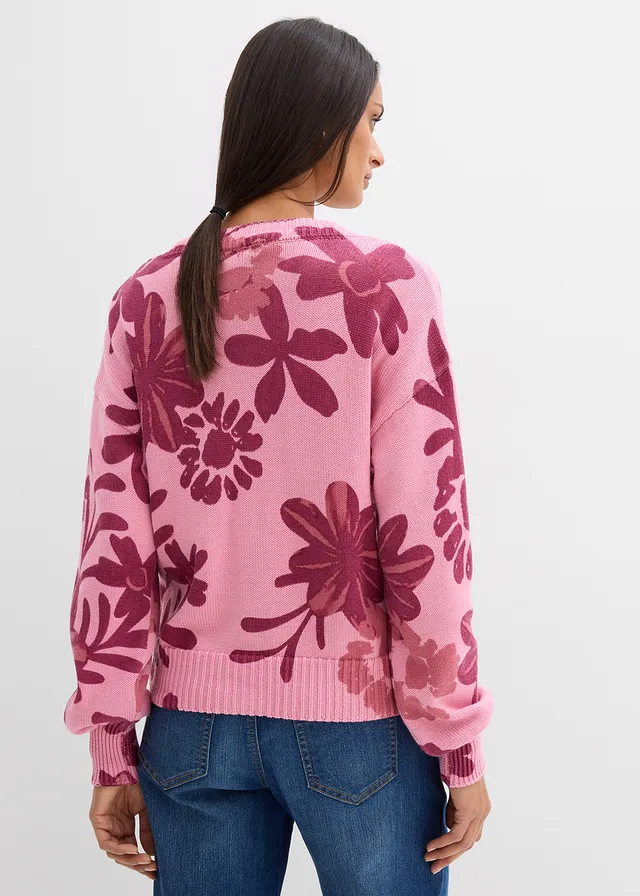 Gebreid vest met bloemenprint, Kleur: rookorchidee-robijnrood