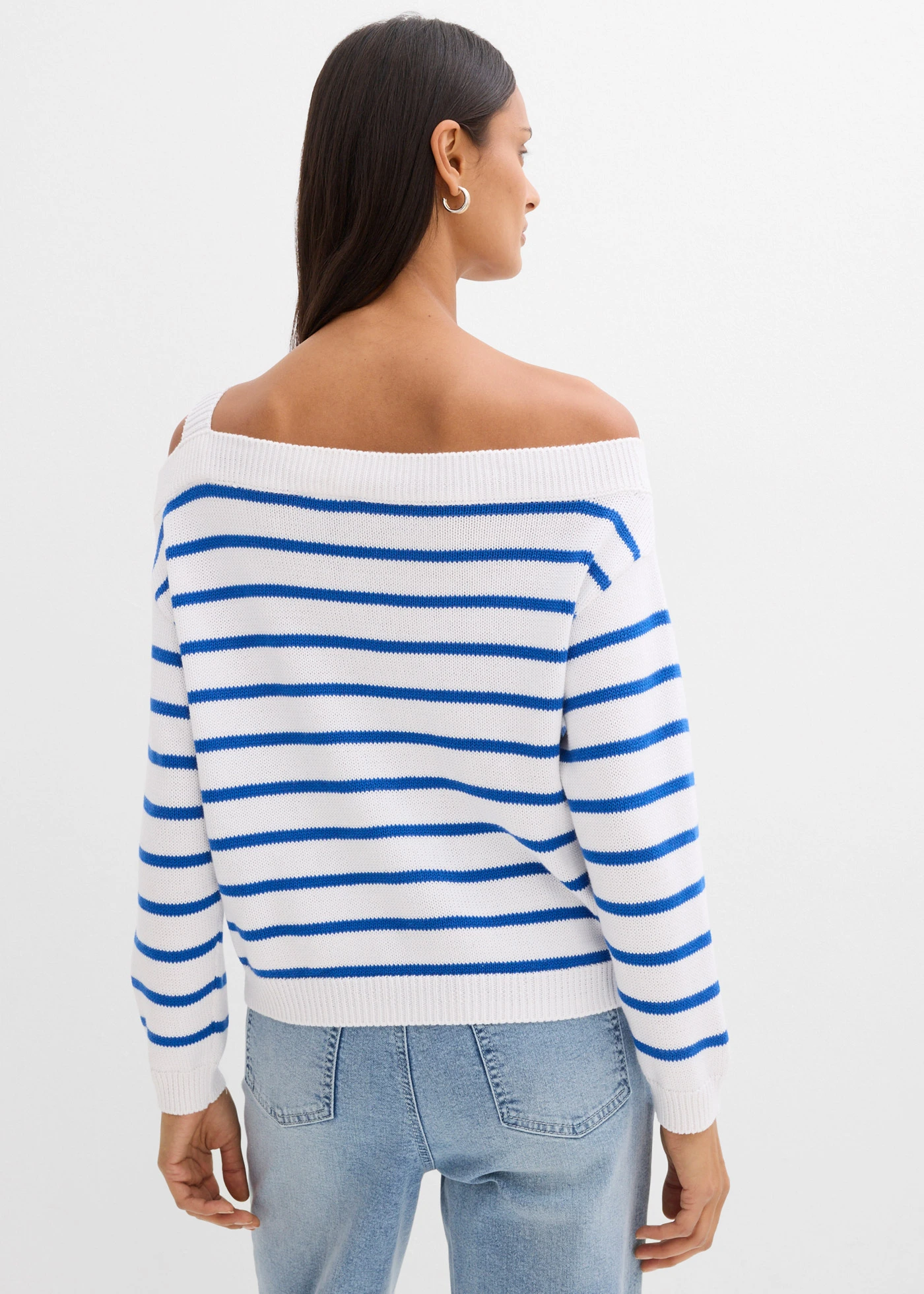 Wijde one shoulder trui • wit-blauw horizontaal gestreept • bonprix online shop