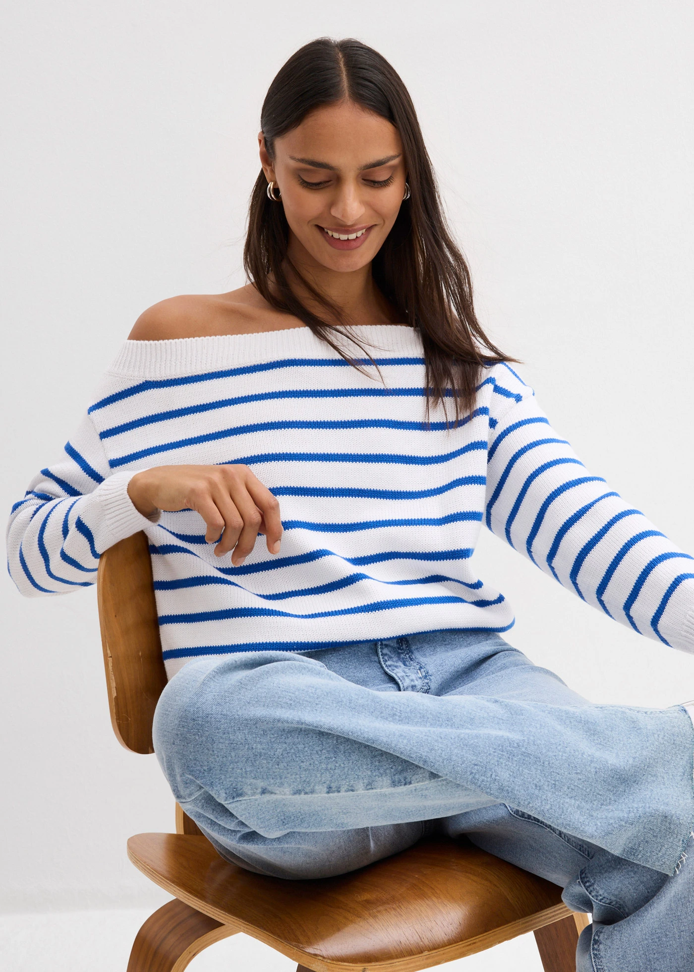 One shoulder trui • wit-blauw horizontaal gestreept • bonprix online shop