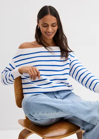 Pull asymétrique ample • blanc-bleu rayé • Boutique bonprix