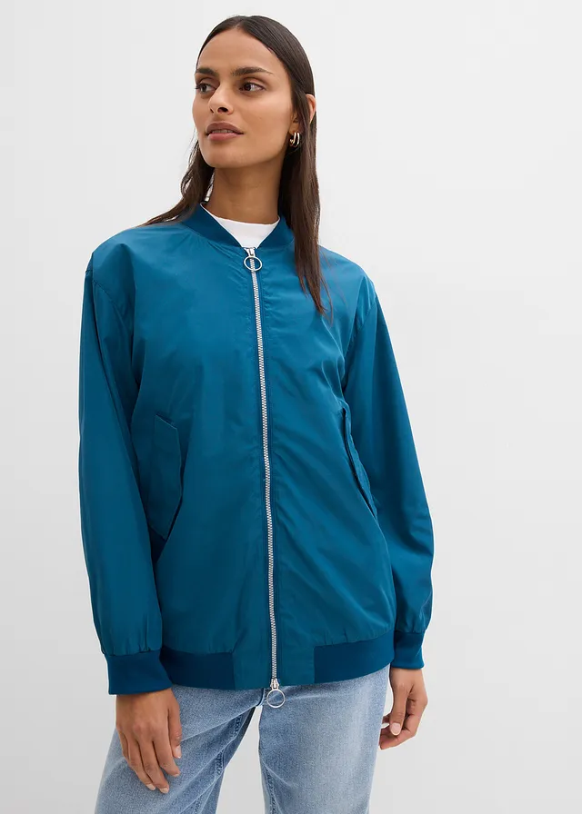 Wijd pilotenjack met luipaardvoering, Kleur: blauwpetrol