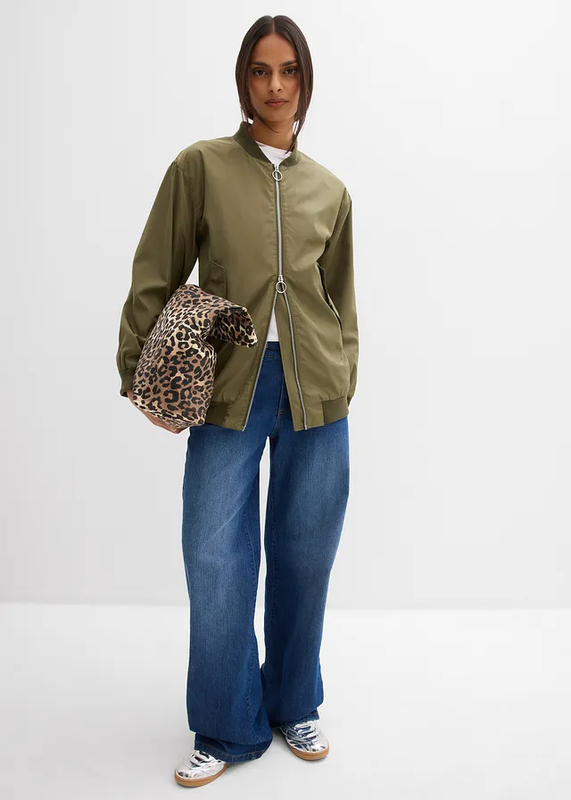 Wijd pilotenjack met luipaardvoering blauw denim