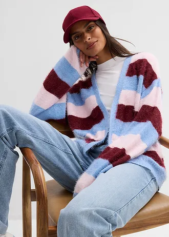 Oversize pletený sveter • svetloružová-rubínovo červená-svetlomodrá pásikovaná • obchod bonprix