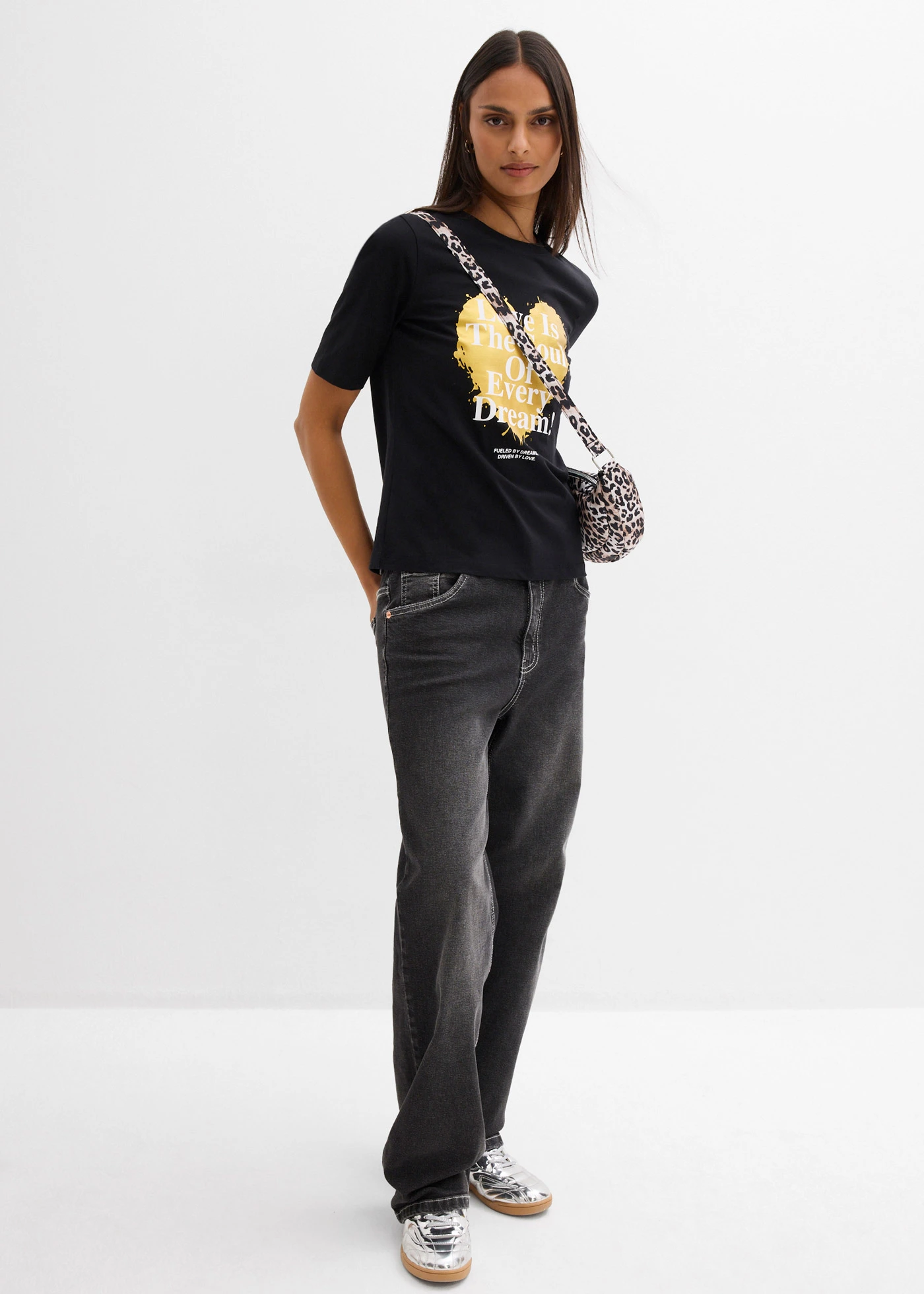 T-shirt van puur biologisch katoen • zwart-goud met print • bonprix online shop