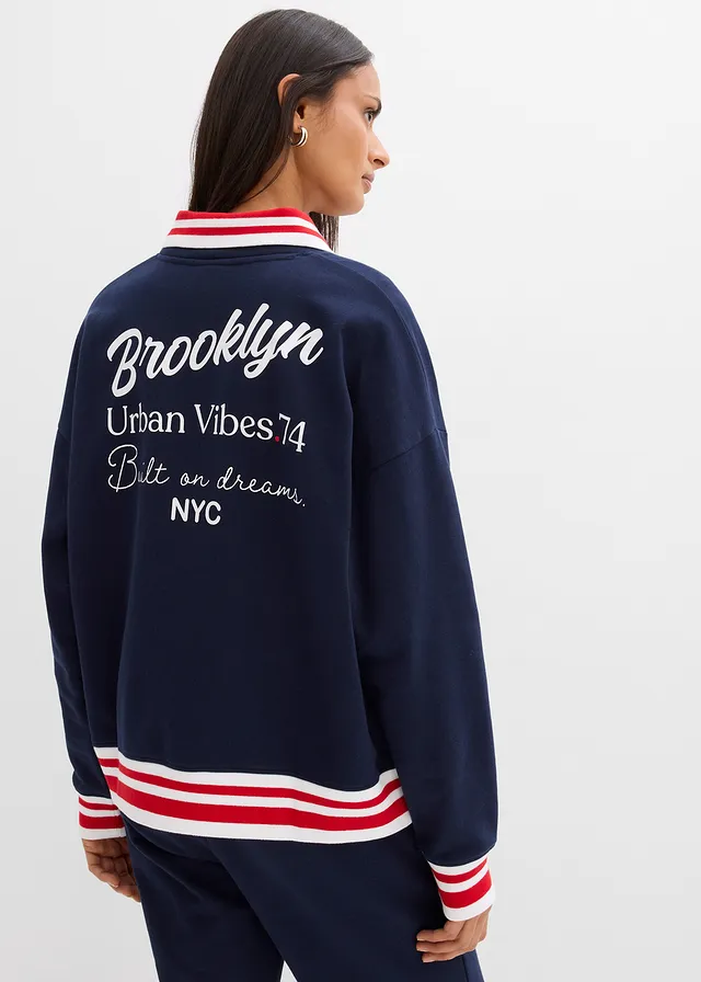 Oversized sweater van puur biologisch katoen, Kleur: donkerblauw-wit-aardbeirood met print