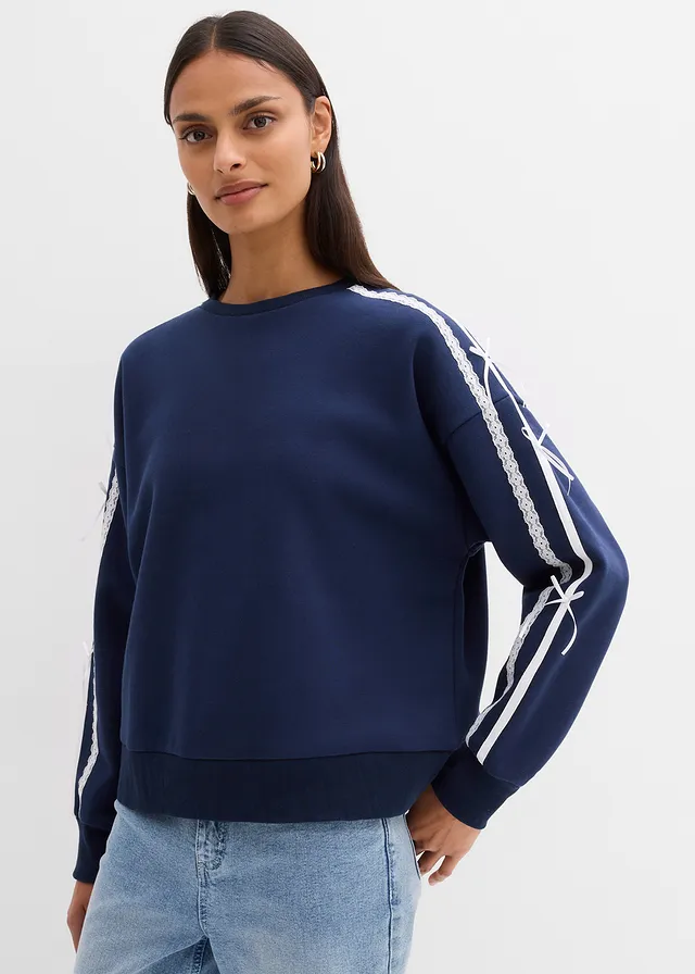 Oversized sweater van een zachte katoenmix, Kleur: donkerblauw-wolwit