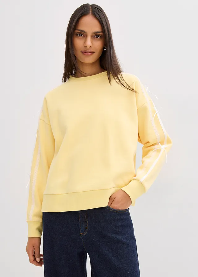 Oversized sweater van een zachte katoenmix, Kleur: lichtgeel-wolwit