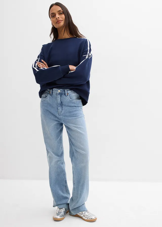 Sweat oversize et doux, Couleur: bleu foncé-écru divers