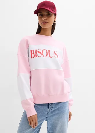 Oversized sweater van een zachte katoenmix • kristalroze-wit met print • bonprix online shop