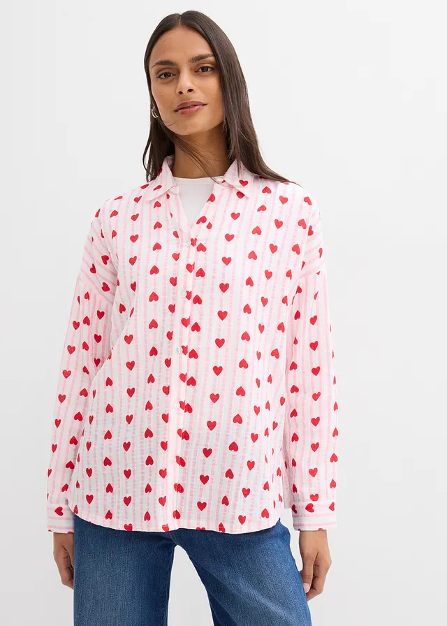 Chemisier doux et oversize en gaze de coton, Couleur: blanc/rose cristal rayé