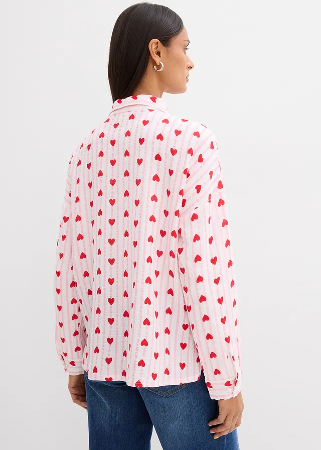 Chemisier doux et oversize en gaze de coton, Couleur: blanc/rose cristal rayé