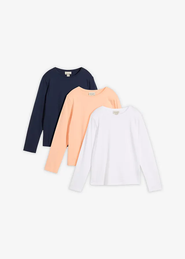 Lot de 3 T-shirts manches longues 100% coton, Couleur: bleu foncé + melba + blanc