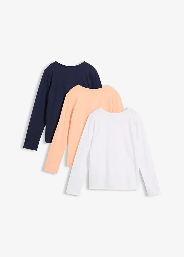 Bluză cu mâneci lungi din bumbac organic 100% (set/3 buc.) • bleumarin+roz-melba+alb • magazin bonprix