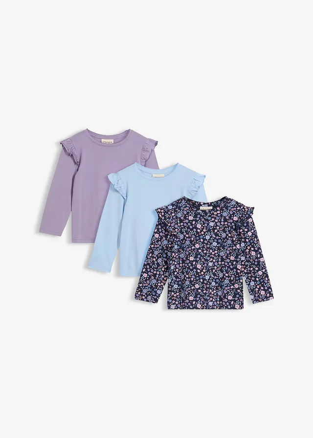 Longsleeve van biologisch katoen (set van 3), Kleur: donkerblauw+rookviolet+lichtblauw gebloemd