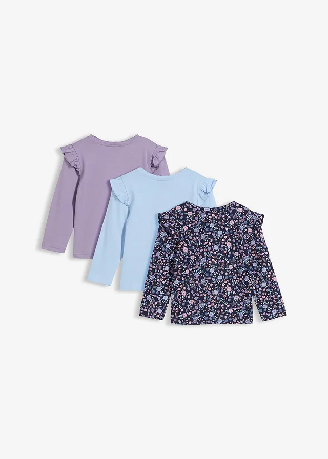 Longsleeve van biologisch katoen (set van 3), Kleur: donkerblauw+rookviolet+lichtblauw gebloemd