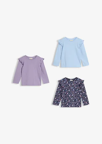 Lot de 3 T-shirts manches longues 100% coton • bleu foncé + violine fumé + bleu clair floral • Boutique bonprix