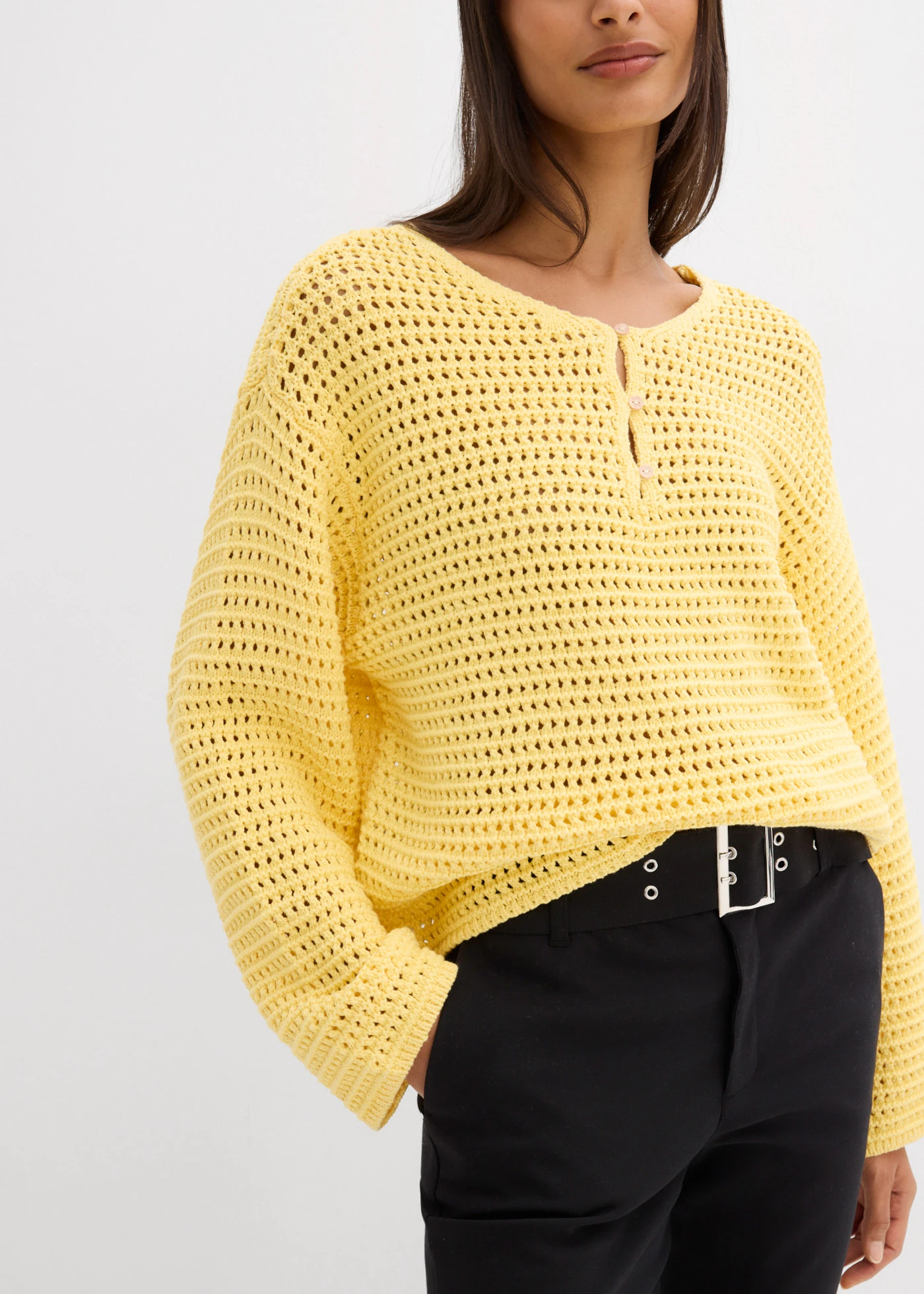 Sweter ażurowy oversize, o kroju pudełkowym • jasnożółty • sklep bonprix