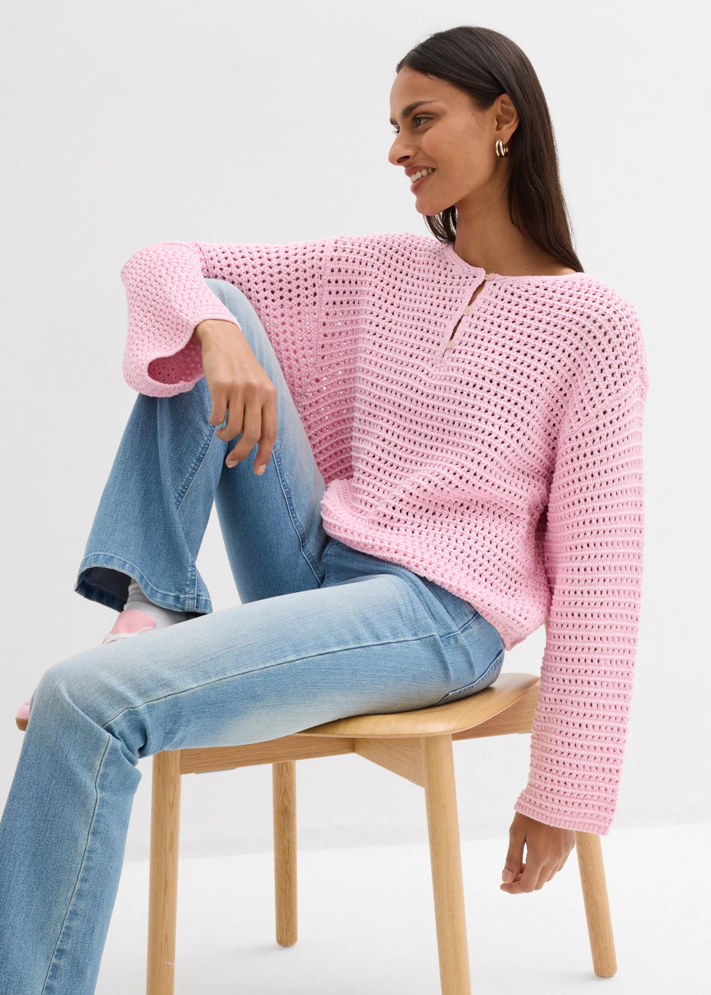 Sweter ażurowy oversize, z czystej bawełny • jasnoróżowy kryształowy • sklep bonprix