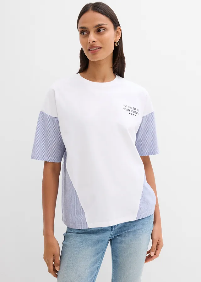 T-shirt oversize en coton extensible, Couleur: blanc/bleu foncé