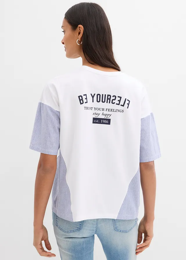 T-shirt oversize en coton extensible, Couleur: blanc/bleu foncé