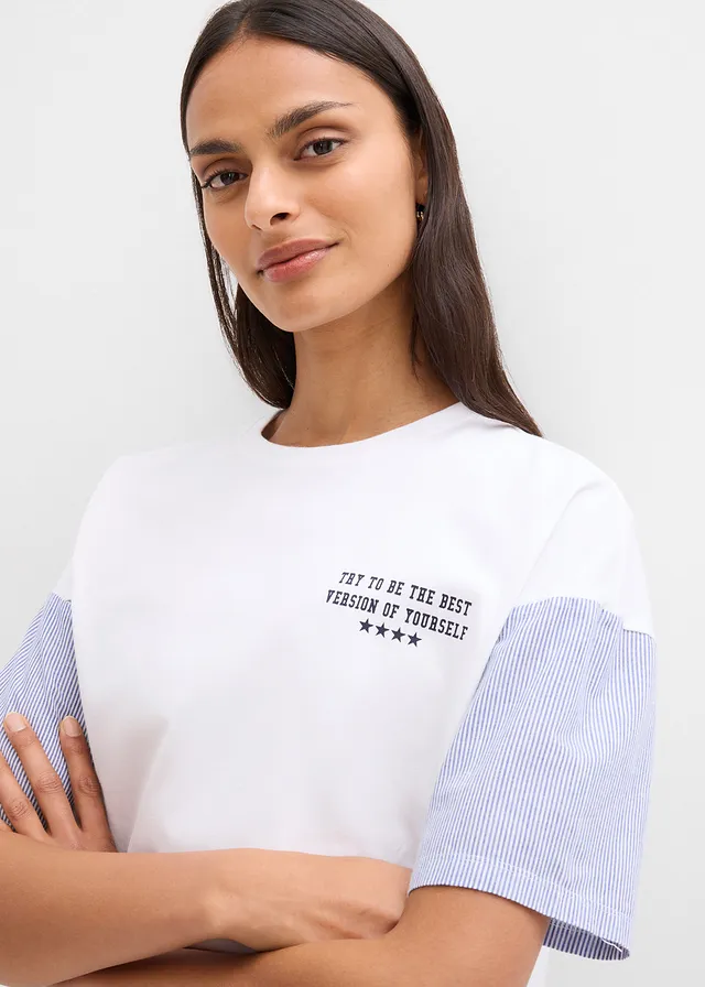 T-shirt oversize z mieszanki bawełny • biało-ciemnoniebieski • sklep bonprix