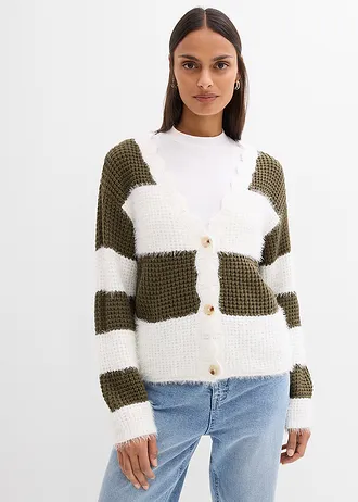 Gilet large en grosse maille, Couleur: écru-olive foncé rayé