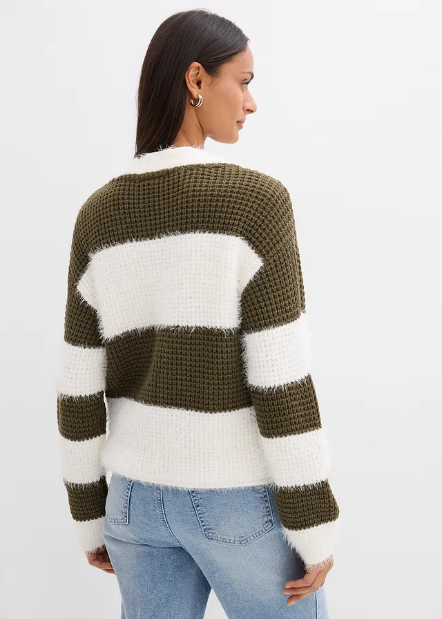Gilet large en grosse maille, Couleur: écru-olive foncé rayé