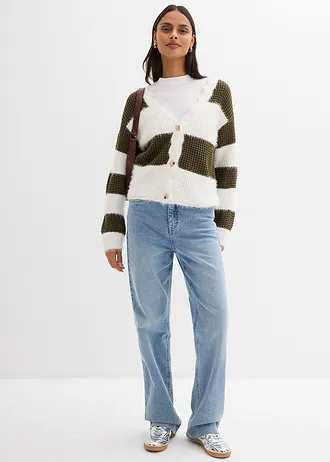 Wijd grof gebreid vest • wolwit-donkerolijfgroen horizontaal gestreept • bonprix online shop