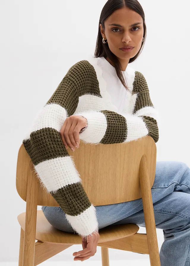 Jachetă largă din tricot cu ochiuri mari • ecru-oliv închis cu dungi orizontale • magazin bonprix