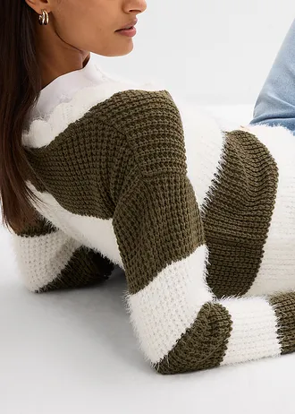 Jachetă largă din tricot cu ochiuri mari • ecru-oliv închis cu dungi orizontale • magazin bonprix