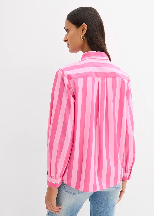 Chemisier 100% coton, Couleur: fuchsia-rose rayé