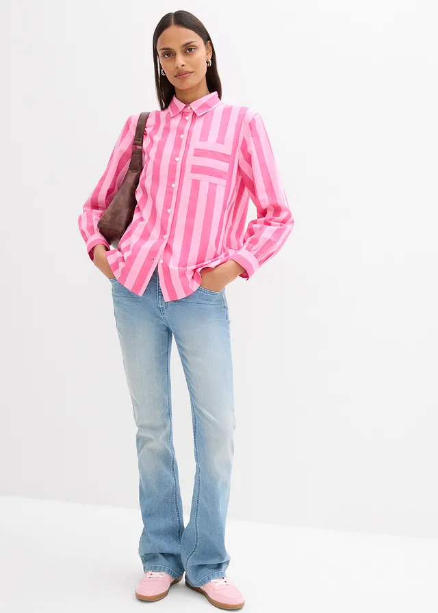 Chemisier 100% coton, Couleur: fuchsia-rose rayé