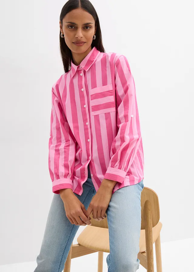 Cămașă din bumbac organic 100% • roz-pinklady-roz pal dungat vertical • magazin bonprix