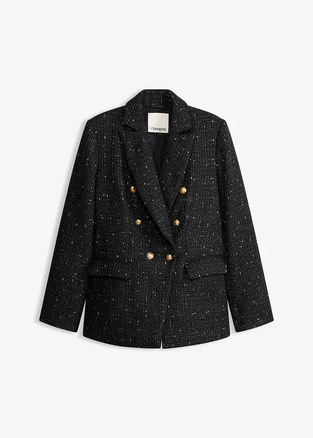 Blazer en maille bouclette à boutonnage double, Couleur: noir