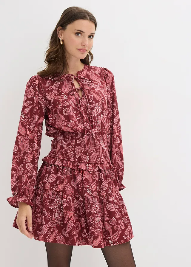 Mini jurk van gestructureerde crêpe, Kleur: robijnrood paisley