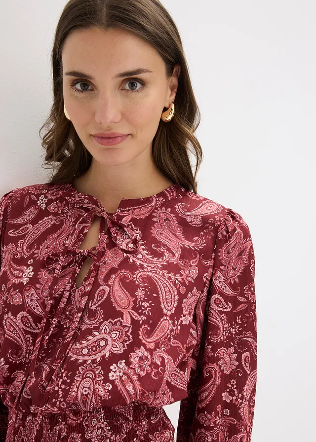 Robe courte en crêpe texturé • rouge rubis paisley • product-page.page-title-suffix