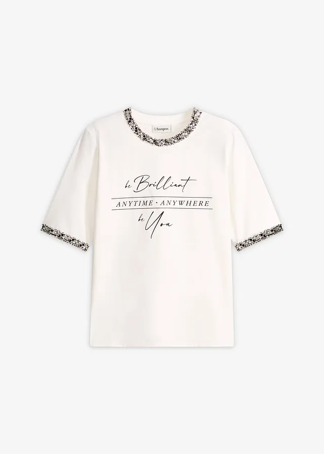 T-shirt en coton avec liseré perlé, Couleur: écru imprimé