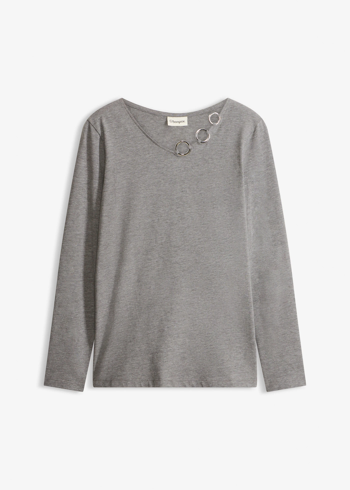 Koszulka z długimi rękawami i ozdobnymi kółkami • szary melanż • sklep bonprix