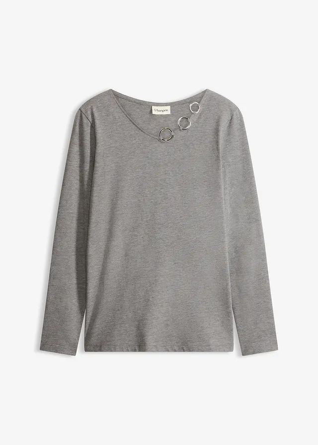 T-shirt manches longues détails œillets • gris chiné • Boutique bonprix