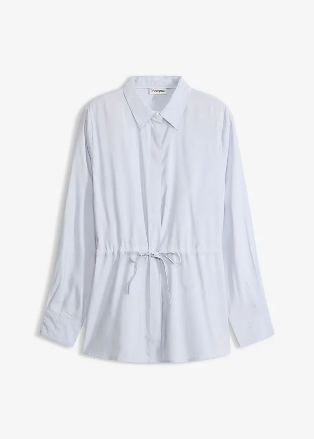 Popeline blouse met ingelegde plooien, Kleur: poederblauw