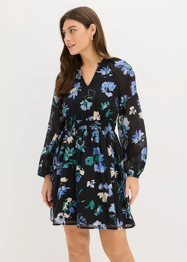 Jurk met print, Kleur: zwart gebloemd