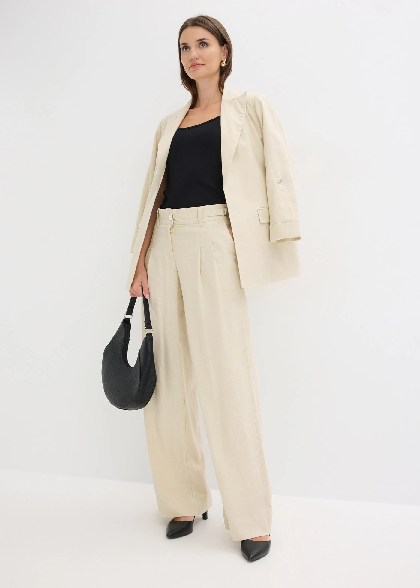 Pantaloni tip palazzo din amestec lejer cu in • bej nisipiu mat • magazin bonprix