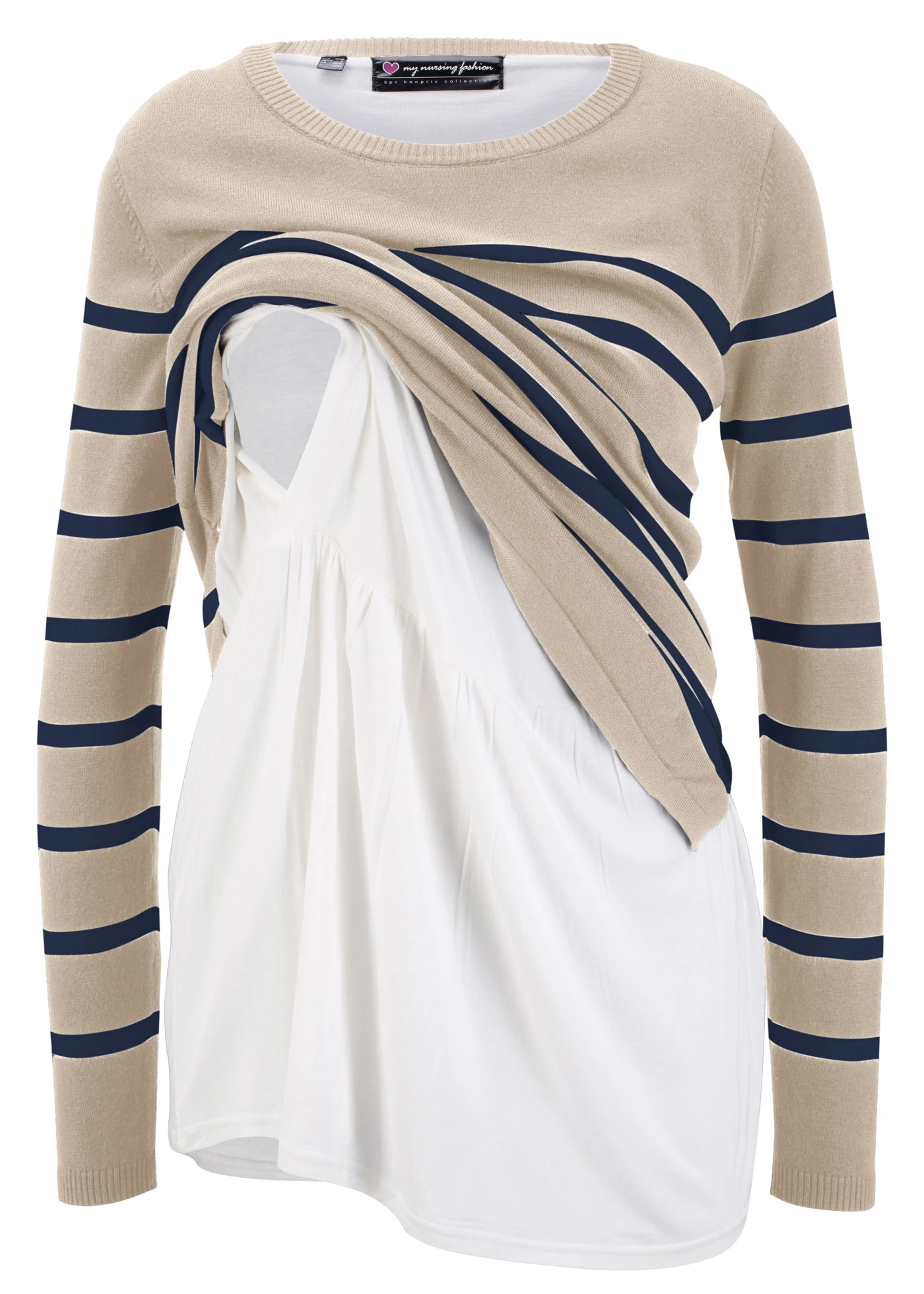 Zwangerschapstrui/voedingstrui • kiezelbeige/donkerblauw gestreept • bonprix online shop