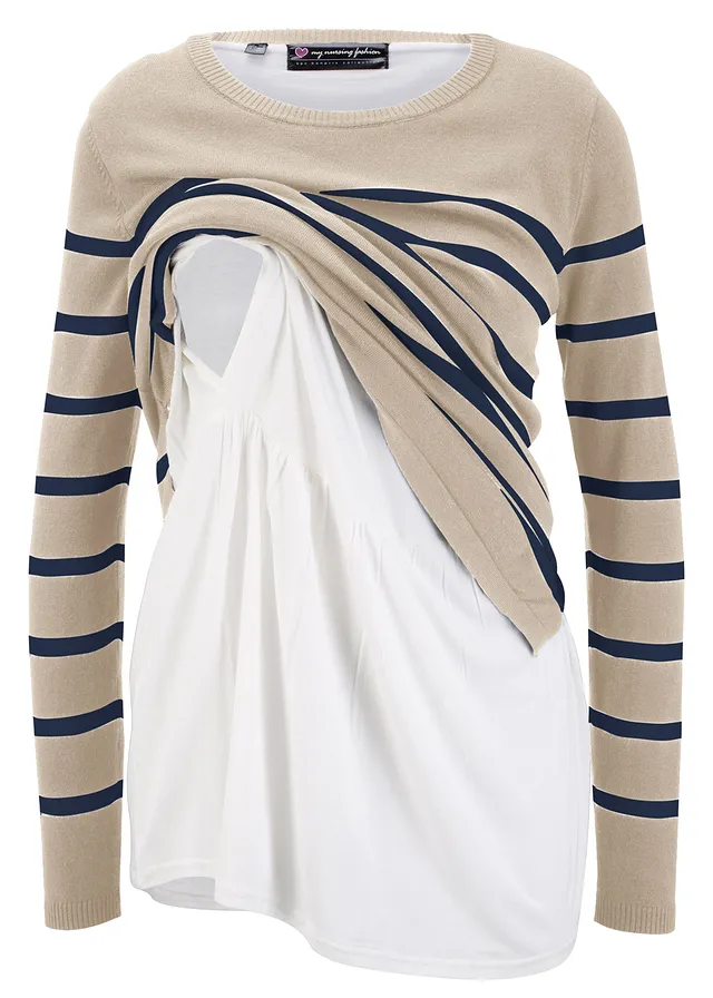 Zwangerschapstrui/voedingstrui • kiezelbeige/donkerblauw gestreept • bonprix online shop