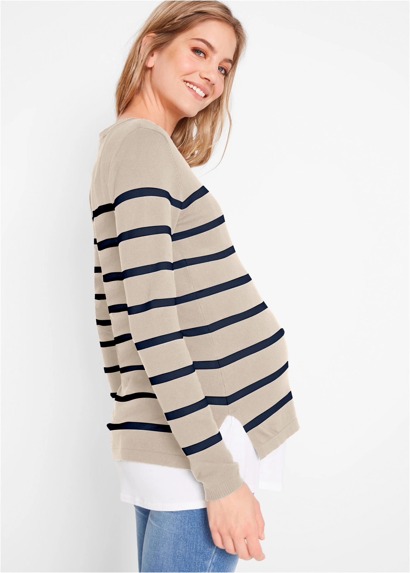 Lekki sweter 2 w 1 na okres ciąży i do karmienia • szarobeżowy-granatowy w paski • sklep bonprix